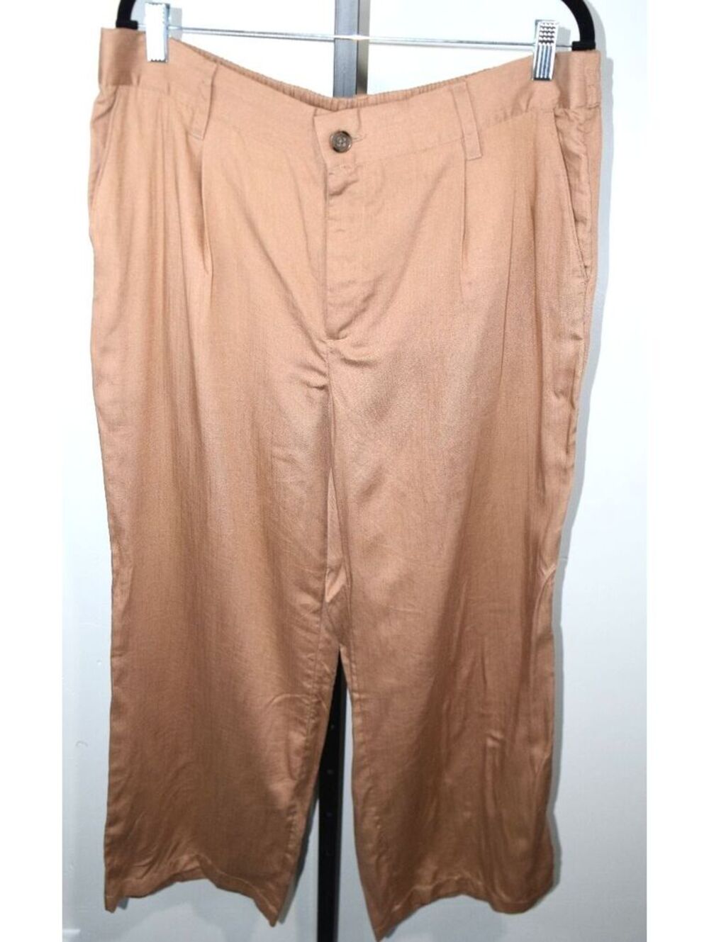 Lands End Tan Linen Pleated Wide Leg Trousers Petite Sz 16P Career Casual